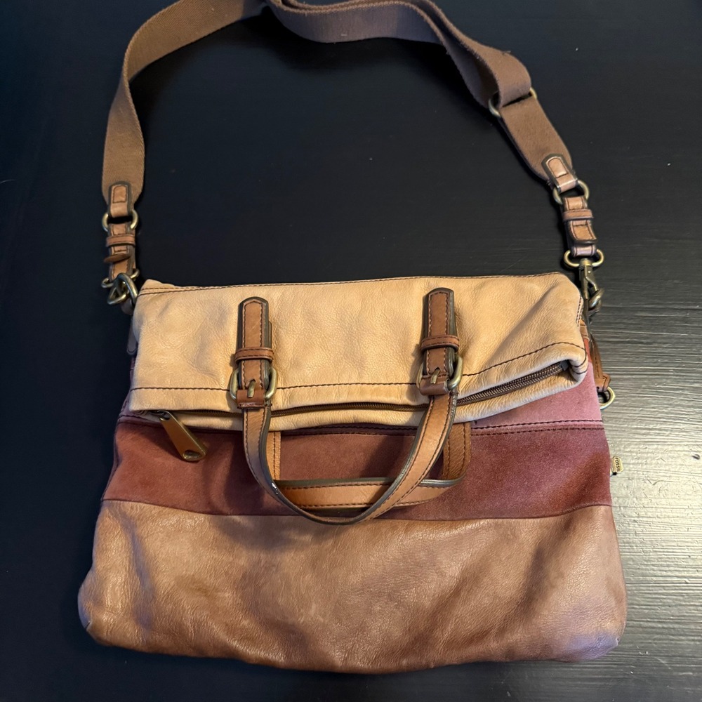 Fossil Multicolor Striped Leather Suede Foldover Crossbody Tote Bag Brown Mauve - Picture 3 of 12